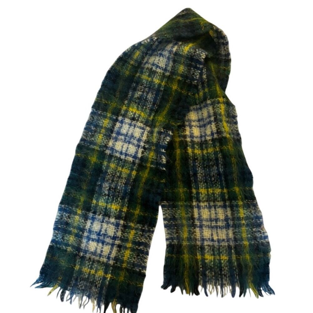 Vintage Creagaran Mohair Wool Plaid Scarf Made in Scotland Green Blue Tartan